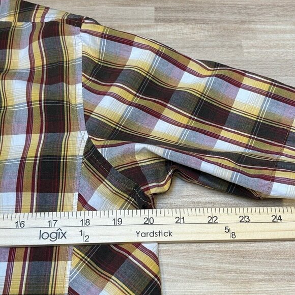 PrAna Shirt Mens Small Pearl Snap Plaid Short Sleeve Brown Yellow Maroon Casual - Picture 9 of 12